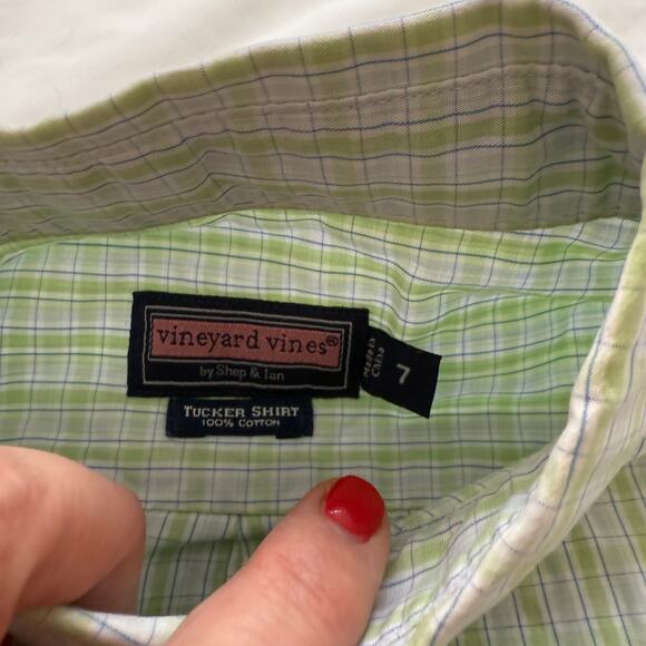Vineyard Vines Boys Tucker Shirt Plaid Green White Button Down Cotton Size 7 - Picture 3 of 5